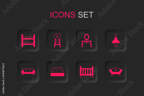 Set Mattress, Chair, Bunk bed, Baby crib cradle, Lamp hanging, Sofa, Dressing table and icon. Vector