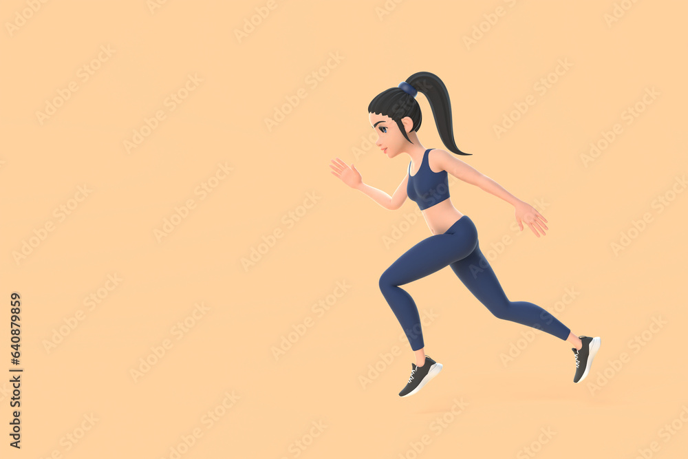 Cartoon character woman in sportswear running on beige background. 3D render illustration
