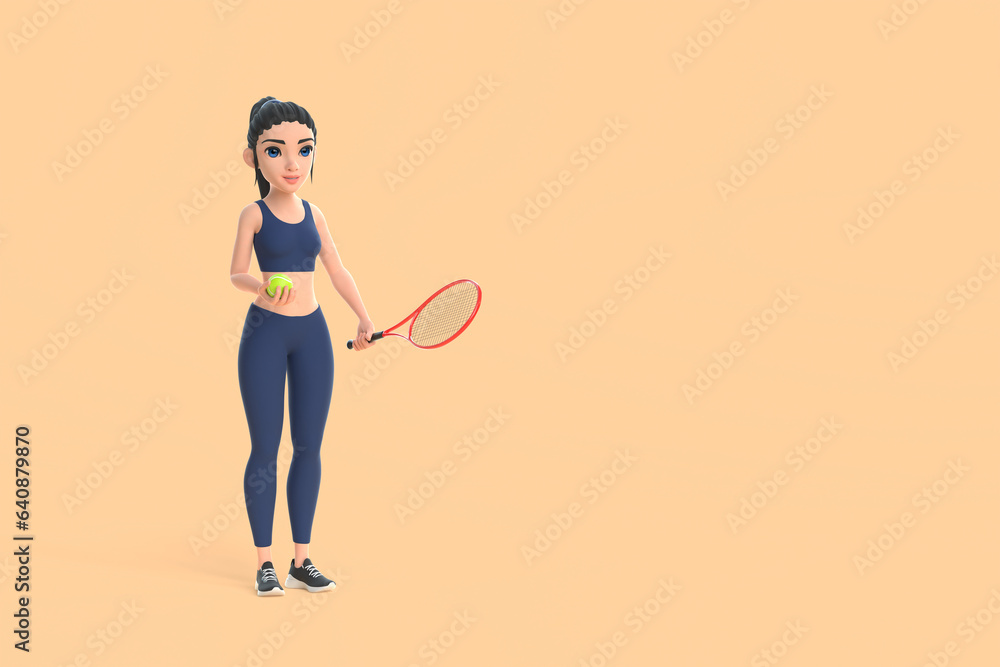 Cartoon character woman in sportswear playing tennis on beige background. 3D render illustration