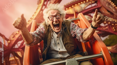 Elderly man rides a roller coaster. Happy and joyful. Generative AI © piai