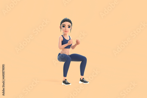 Cartoon character woman in sportswear doing squats on beige background. 3D render illustration