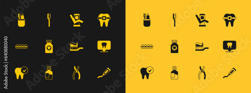 Set Teeth with braces, Mouthwash, Toothbrush toothpaste, Dental pliers, Toothache painkiller tablet, Medical dental chair, and and icon. Vector