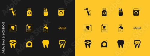 Set Dental floss, Mouthwash, Tooth, Clipboard with dental card, Toothbrush and toothpaste, drill and Toothache painkiller tablet icon. Vector