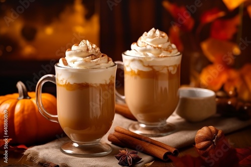 Pumpkin latte, generative ai picture of delicious autumn drink with traditional spices.