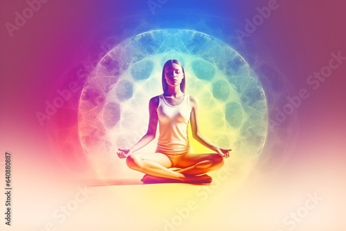 Woman meditating and gaining inner power and balance, generative ai image, spiritual transformation concept.