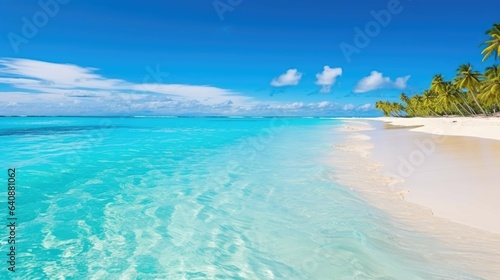 tropical beach with coconut trees and blue sky