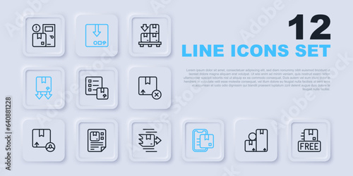 Set line Carton cardboard box, Cardboard with free symbol, Verification of delivery list, Document tracking marker, traffic, Waybill, and icon. Vector