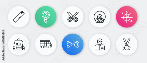 Set line Molecule, Trigonometric circle, School backpack, Teacher, CD or DVD disk, Scissors, Medal and Bus icon. Vector