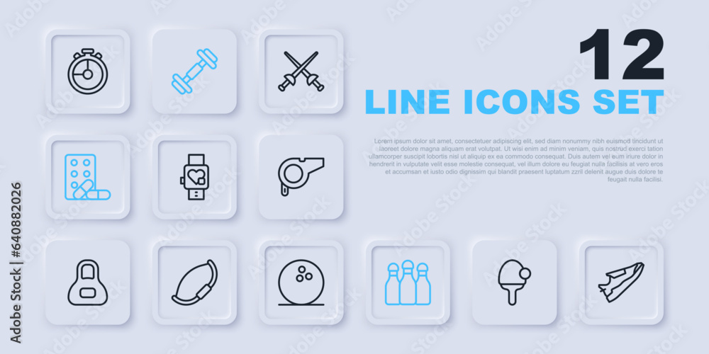 Set line Racket, Fitness sneakers shoes, Smart watch with heart, Bowling pin, Sports doping dumbbell, Medieval bow, Dumbbell and ball icon. Vector Set line Racket, Fitness sneakers shoes, Smart watch with heart, Bowling pin, Sports doping dumbbell, Medieval bow, Dumbbell and ball icon. Vector