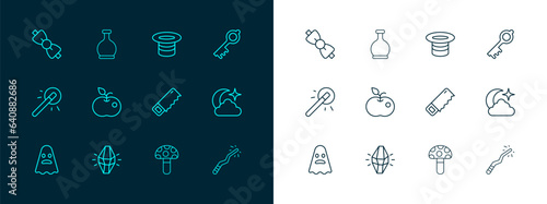 Set line Old magic key, Magic stone, Hand saw, Psilocybin mushroom, Poison apple, hat, Bow tie and Bottle with potion icon. Vector