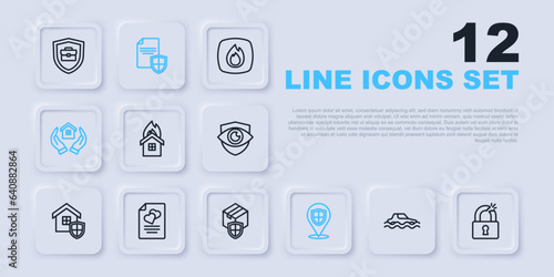 Set line Flood car, Broken or cracked lock, Fire in burning house, Location shield, House hand, Marriage contract, Contract with and Delivery security icon. Vector