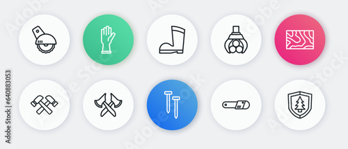 Set line Metallic nails, Wooden beam, Crossed hammer, Chainsaw, Grapple crane grabbed log, Waterproof rubber boot, Shield with tree and axe icon. Vector
