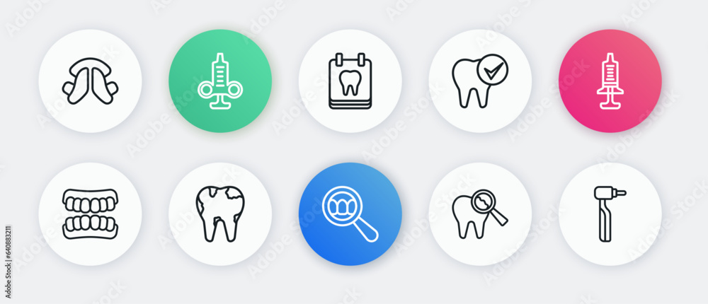 Set line Dental search, Syringe, Dentures model, Broken tooth, Tooth, Calendar with, drill and icon. Vector