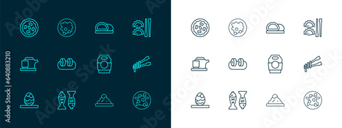 Set line Dumpling with chopsticks, Served fish on a plate, Asian noodles paper box, Rice bowl, Sushi, Homemade pie and icon. Vector