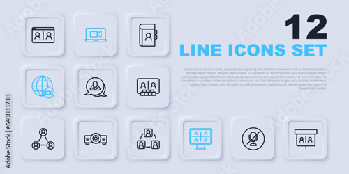 Set line Mute microphone, Video chat conference, Speech bubble, Movie, film, media projector, and Meeting icon. Vector