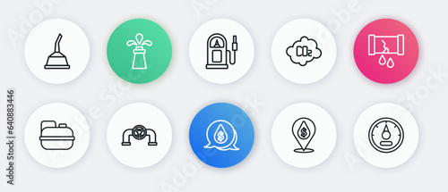Set line Oil drop with dollar symbol, Broken oil pipe valve, Canister for gasoline, CO2 emissions cloud, Petrol station, Motor gauge and icon. Vector