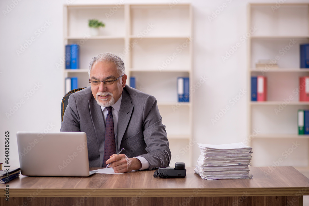 Old male employee working in the office Old male employee working in the office