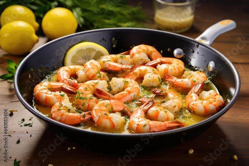 Shrimps cooked in olive oil lemon and garlic sauce © Celina