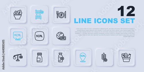 Set line Gluten free grain, Shopping bag and food, Kcal, Vitamins, No GMO and Lactose intolerance icon. Vector