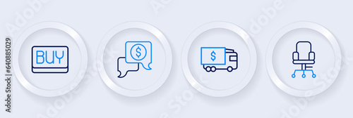 Set line Office chair, Armored truck, Business negotiations and Buy button icon. Vector
