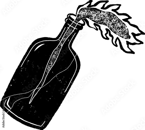 Glass bottle with flammable liquid. Illustration in linocut style. Vector texture element for design