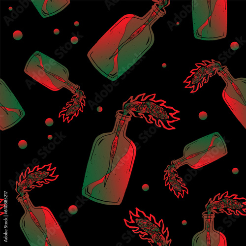 Molotov cocktail gradient bottle. Vector seamless pattern.