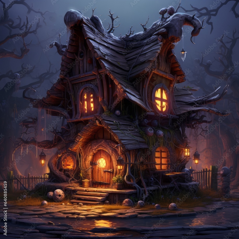 sinister sorceress's enchanted cottage amidst chaotic planks, Generative AI