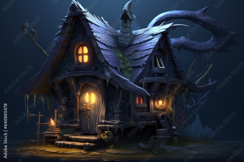 sinister sorceress's enchanted cottage amidst chaotic planks, Generative AI