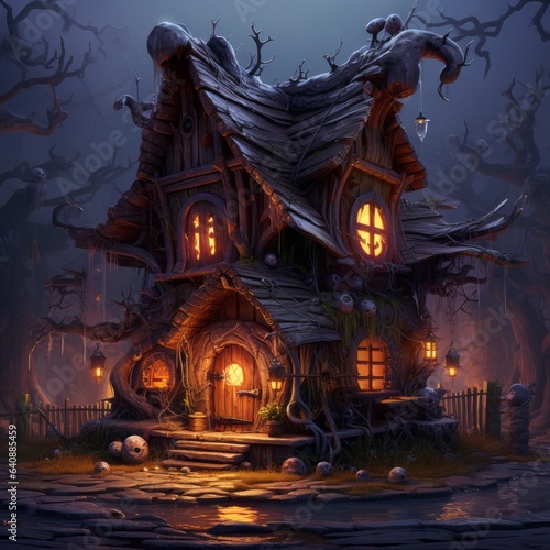 sinister sorceress's enchanted cottage amidst chaotic planks, Generative AI © avrezn