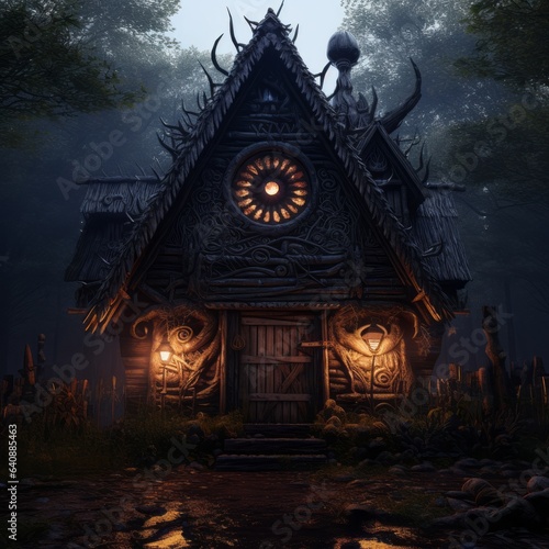 sinister sorceress's enchanted cottage amidst chaotic planks, Generative AI