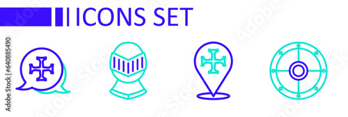 Set line Round shield, Crusade, Medieval helmet and icon. Vector