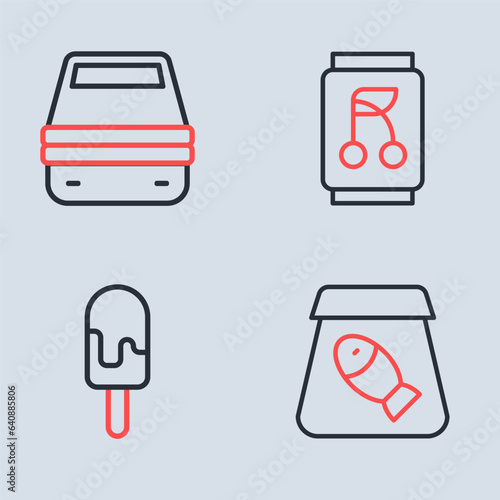 Set line Soda can, Ice cream, Online ordering fish and Lunch box icon. Vector