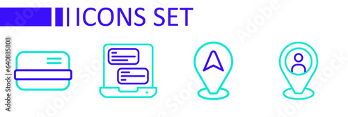 Set line Taxi client, Location taxi car, mobile app and Credit card icon. Vector