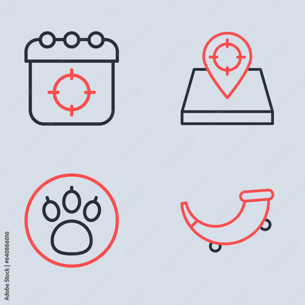 Set line Hunt place, Paw search, Hunting horn and Target sport icon. Vector Set line Hunt place, Paw search, Hunting horn and Target sport icon. Vector