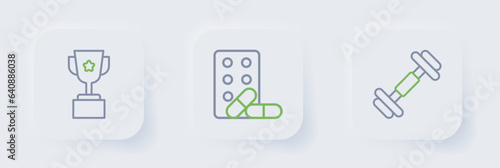 Set line Dumbbell, Sports doping with dumbbell and Award cup icon. Vector