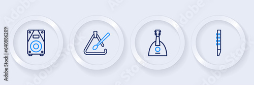 Set line Flute, Balalaika, Triangle musical instrument and Stereo speaker icon. Vector