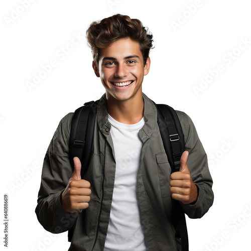 Etudiant heureux avec le sourire et les pouces levés sur fond transparent PNG avec couche alpha - Happy student smiling with thumbs up isolated.