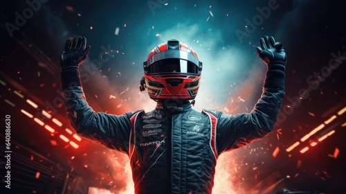 Formula one racing team driver cheering, celebrating victory on sports track. 