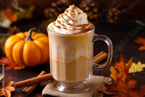 Pumpkin latte, generative ai picture of delicious autumn drink with traditional spices.