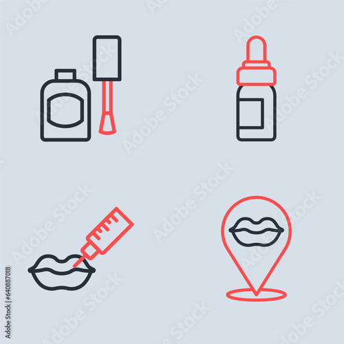 Set line Essential oil bottle, Lip augmentation, Smiling lips and Bottle of nail polish icon. Vector