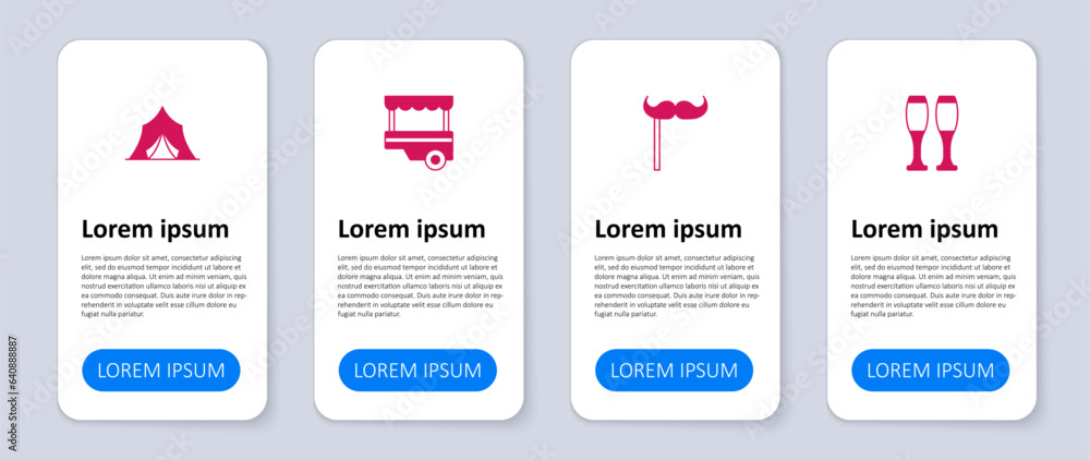 Set Bowling pin, Paper mustache on stick, Fast street food cart and Circus tent. Business infographic template. Vector Set Bowling pin, Paper mustache on stick, Fast street food cart and Circus tent. Business infographic template. Vector