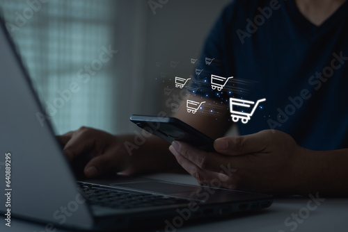 E-commerce and Online Shopping Retail Shop Concept. Young men use the online internet to buy products or business fast shipping delivery to customer.