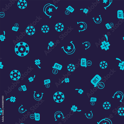 Set Casino chips, slot machine with clover, Horseshoe and dollar on seamless pattern. Vector