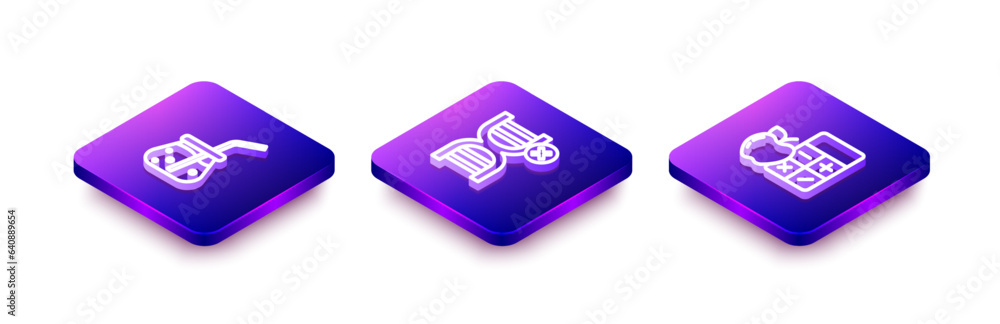 Set Isometric line Fresh smoothie, No GMO and Calorie calculator icon. Vector Set Isometric line Fresh smoothie, No GMO and Calorie calculator icon. Vector