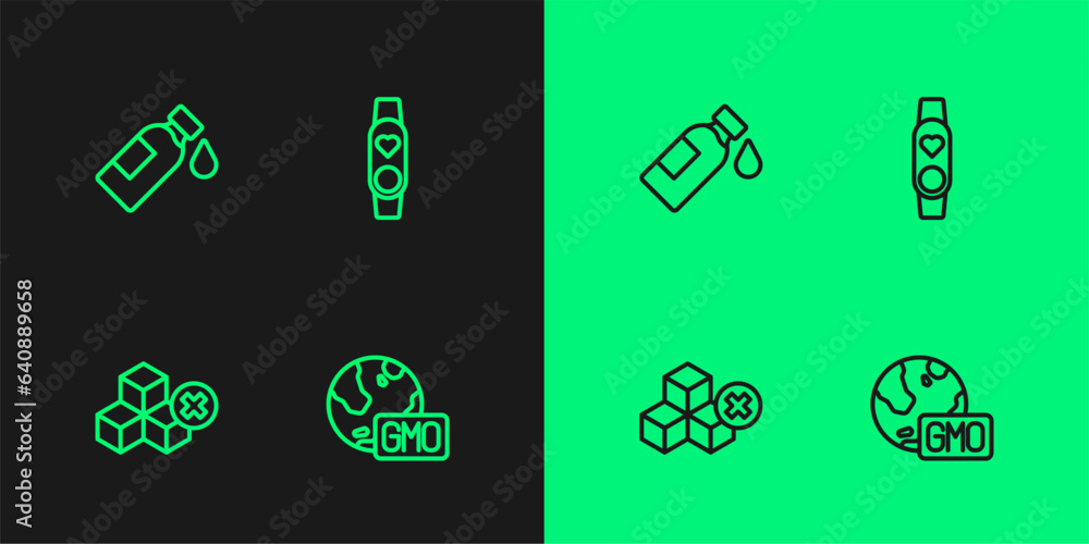 Set line GMO, No sugar free, Bottle of water and Smart watch with heart icon. Vector Set line GMO, No sugar free, Bottle of water and Smart watch with heart icon. Vector