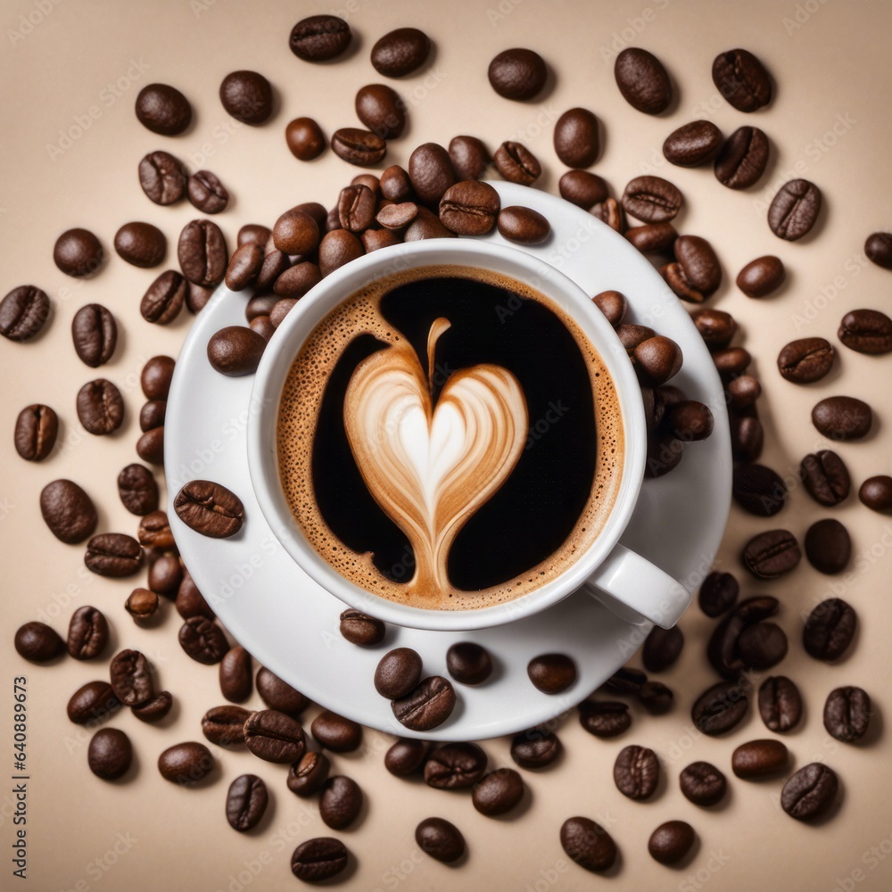 Obraz premium Coffee in a White Cup With Coffee Beans Background for International Coffee Day