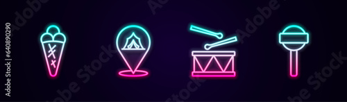 Set line Ice cream in waffle, Circus tent, Drum with drum sticks and Lollipop. Glowing neon icon. Vector