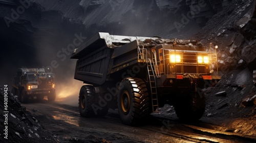 Mining truck transporting coal at mineral mine. Generative AI