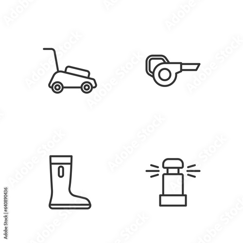 Set line Automatic irrigation sprinklers, Waterproof rubber boot, Lawn mower and Leaf garden blower icon. Vector