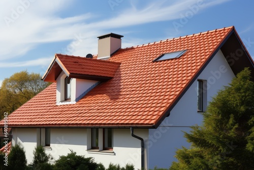 Sloped red clay tile roof with round beaver tail edge photo
